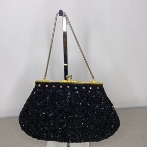 Vintage‎ black beaded purse with crystals gold latch